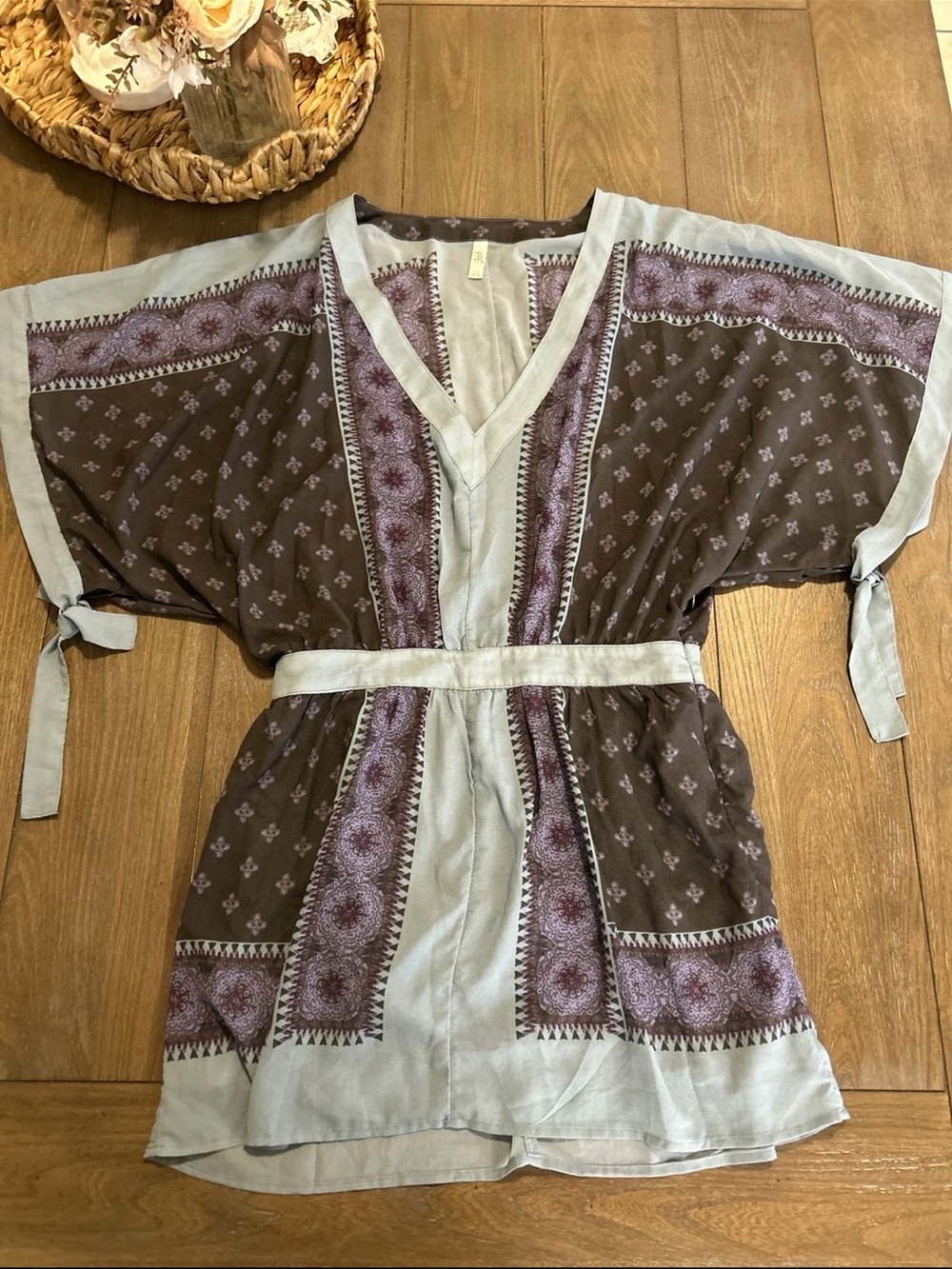 Free People Brown and Lavender Boho V-Neck Tunic/Dress